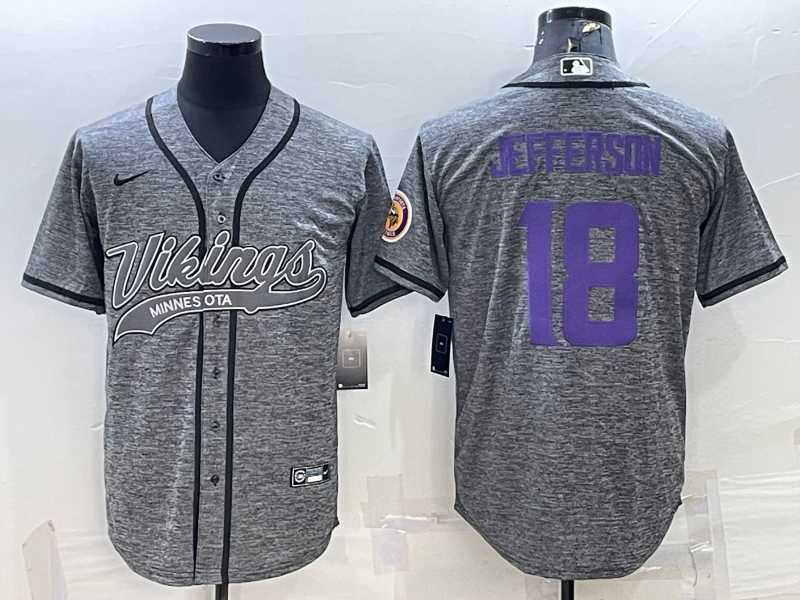 Mens Minnesota Vikings #18 Justin Jefferson Grey Gridiron With Patch Cool Base Stitched Baseball Jersey->minnesota vikings->NFL Jersey